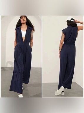 Athleta Brooklyn Heights Wide Leg Jumpsuit Navy Blue Sz 16